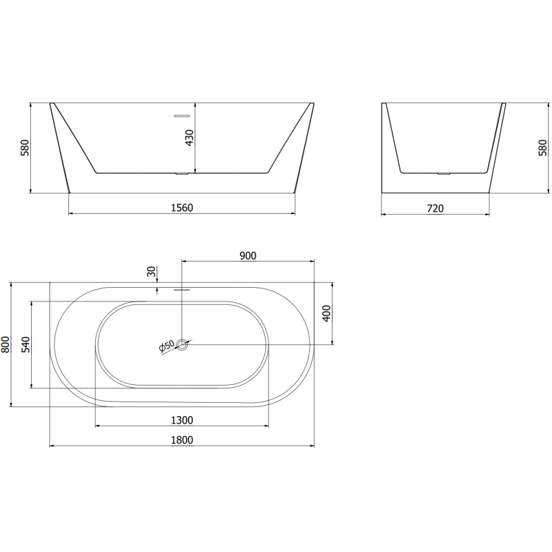 Mexen Oval freestanding wall-side bathtub 180 x 80 cm, white/black, chrome overflow - 52671808075-01