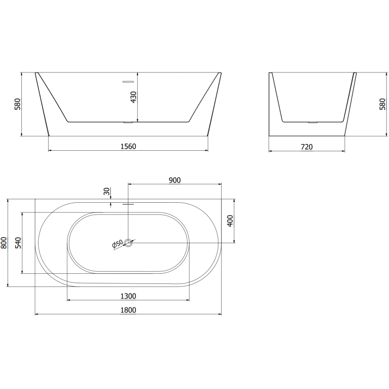 Mexen Oval vrijstaande half-ingebouwde badkuip 180 x 80 cm, wit/zwart, overloop geborsteld nikkel - 52671808075-97