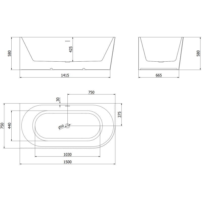 Mexen Silo wanna wolnostojąca narożna lewa ryflowana  150 x 75 cm, biała, przelew gun gray szczotkowany - 52891507500L-66