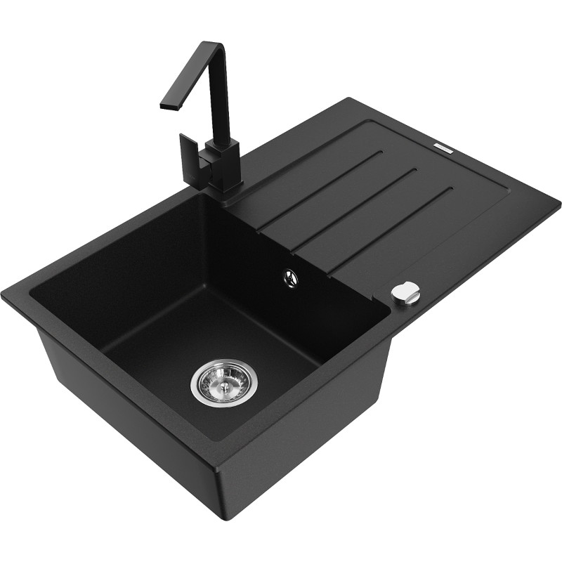 Mexen Bruno 1-kompartment granieten spoelbak met druiprek en keukenmengkraan Rita, zwart - 6513-77-670300-70