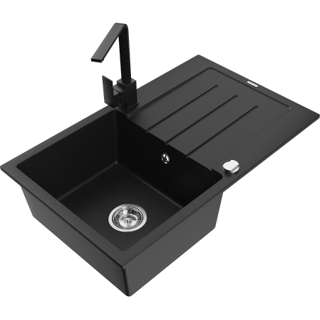 Mexen Bruno 1-bowl granite sink with drainer and Rita kitchen tap, black - 6513-77-670300-70