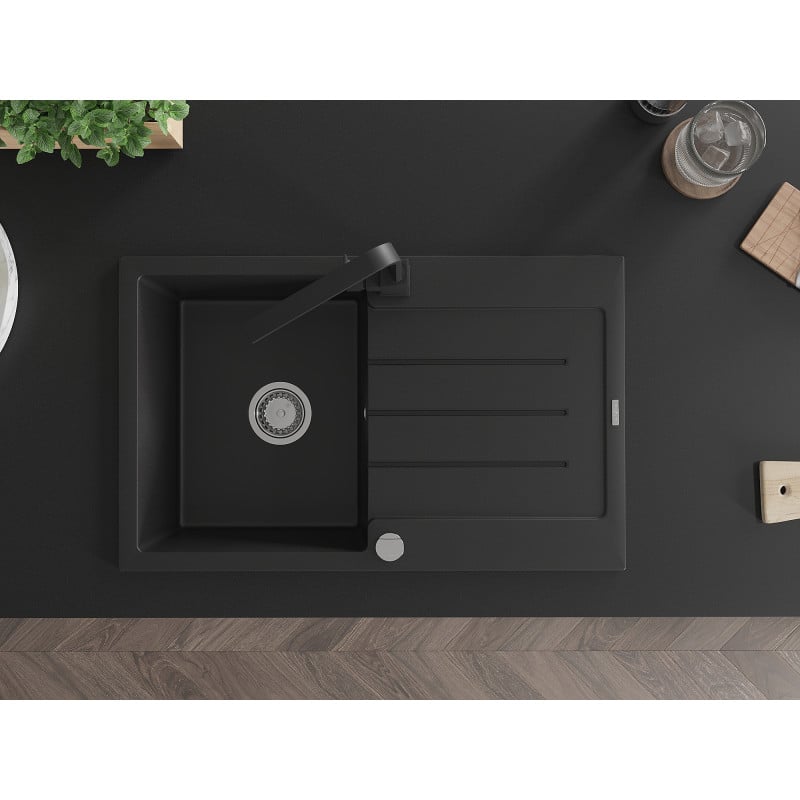 Mexen Bruno 1-bowl granite sink with drainer and Rita kitchen tap, black - 6513-77-670300-70