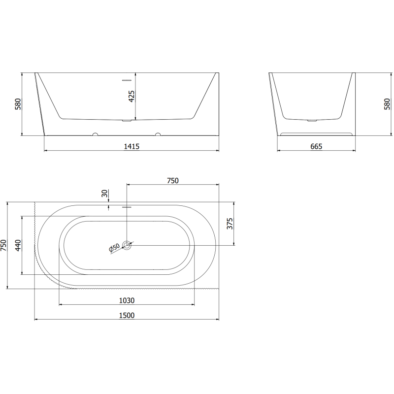 Mexen Silo freestanding corner bathtub right grooved 150 x 75 cm, white, brushed nickel overflow - 52891507500P-97