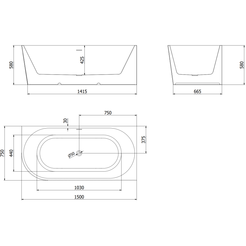 Mexen Silo vasca da bagno freestanding angolare destra scanalata 150 x 75 cm, bianca/nera, troppopieno rame spazzolato