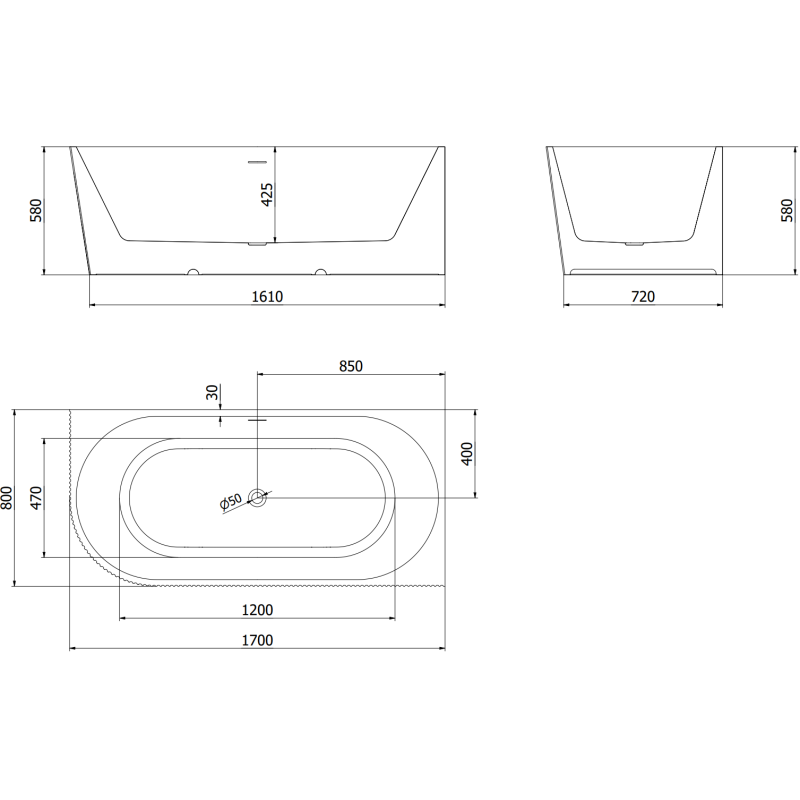 Mexen Silo freestanding corner bathtub right fluted 170 x 80 cm, white/black, chrome overflow - 52891708075P-01