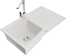 Mexen Cesar fregadero de granito 1-celda con escurridor y grifo de cocina Rita, blanco - 6514-20-670300-00
