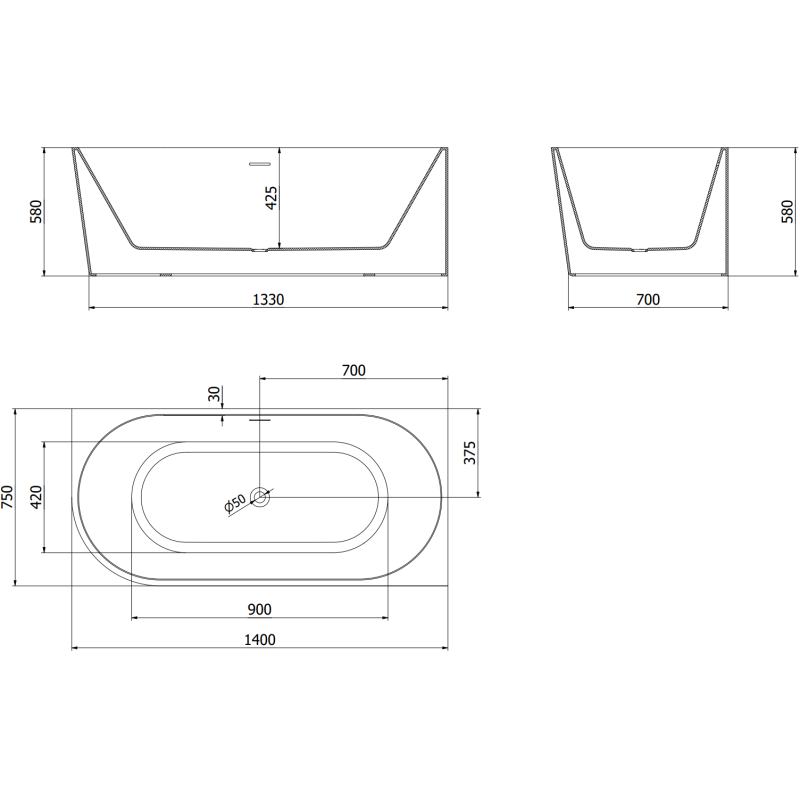 Mexen Mia vrijstaande hoekbadkuip rechts 140 x 75 cm, wit, overloop chroom - 52691407500P-01