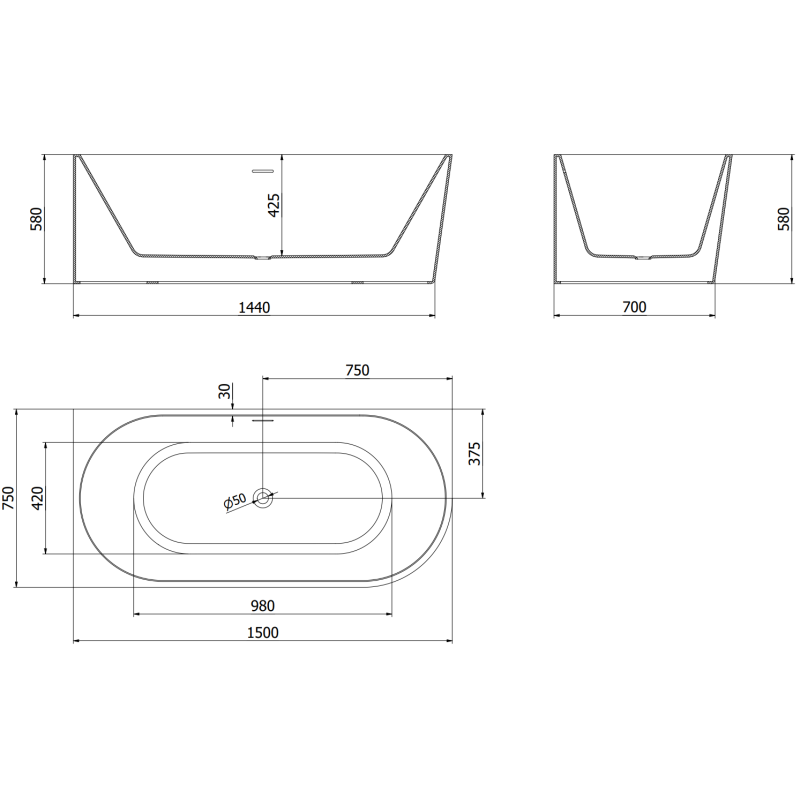 Mexen Mia freestanding corner bathtub left 150 x 75 cm, white, white overflow - 52691507500L-20