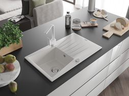 Mexen Cesar lavello in granito ad 1 vasca con scolapiatti e rubinetto da cucina Rita, bianco - 6514-20-670300-20