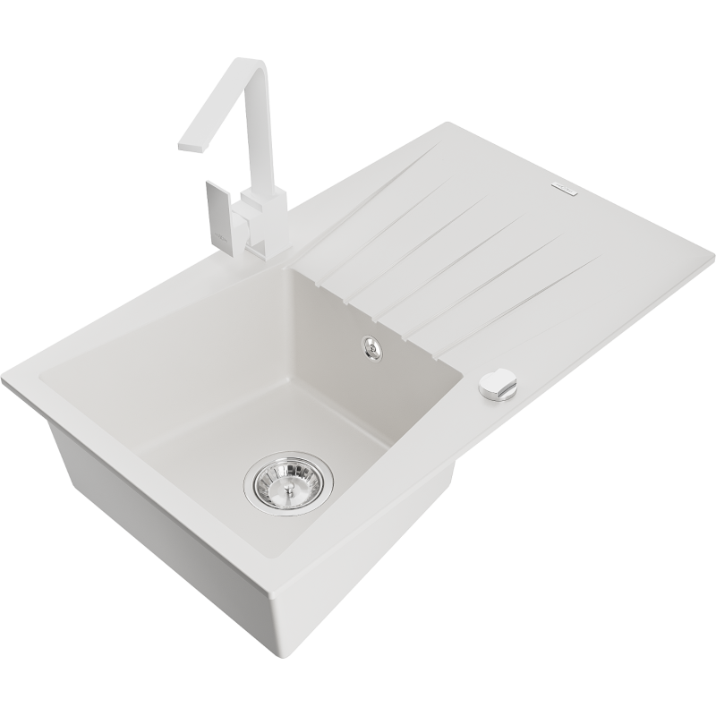 Mexen Cesar 1-bowl granite kitchen sink with drainer and Rita kitchen tap, white - 6514-20-670300-20