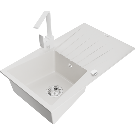 Mexen Cesar fregadero de granito de 1 cuenco con escurridor y grifo de cocina Rita, blanco - 6514-20-670300-20