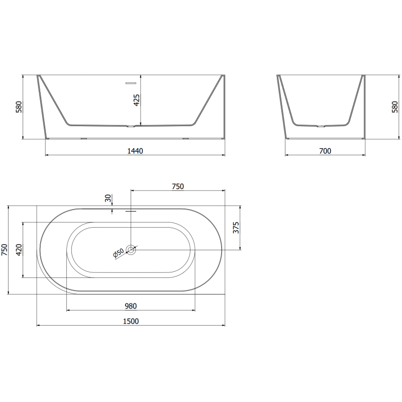 Mexen Mia vrijstaande hoekbadkuip rechts 150 x 75 cm, wit/zwart, overloop gun gray geborsteld - 52691507575P-66