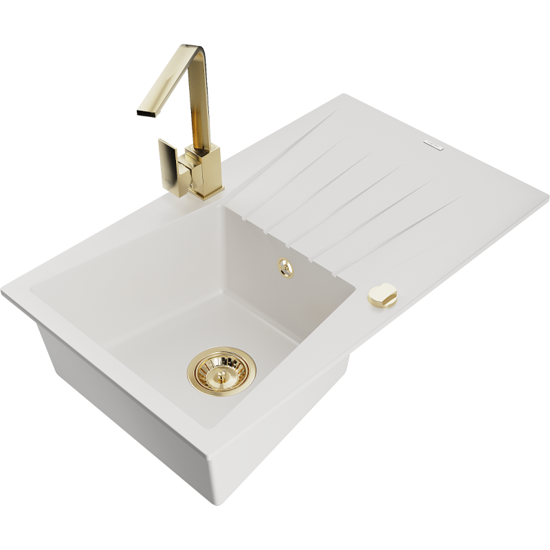 Mexen Cesar fregadero de granito de 1 compartimento con escurridor y grifo de cocina Rita, blanco - 6514-20-670300-50