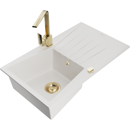 Mexen Cesar granitdiskbänk med 1 fack med avrinning och köksblandare Rita, vit - 6514-20-670300-50