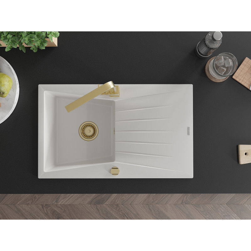 Mexen Cesar lava-loiça de granito de 1 cubas com escorredor e torneira de cozinha Rita, branco - 6514-20-670300-50