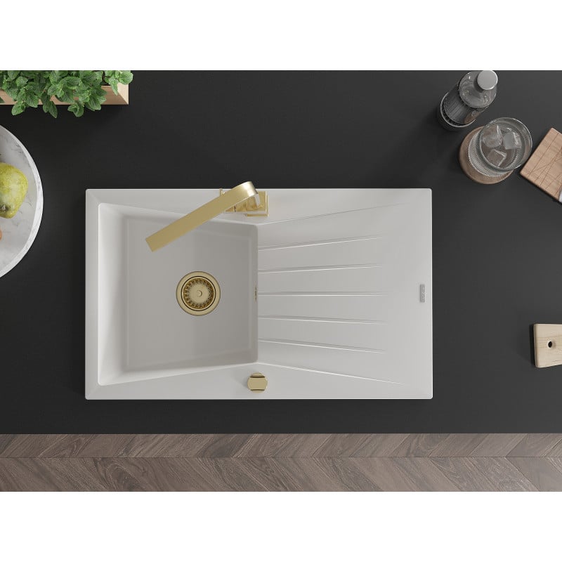 Mexen Cesar yksi-allasinen graniittiallas valutusalueella ja keittiöhanalla Rita, valkoinen - 6514-20-670300-50