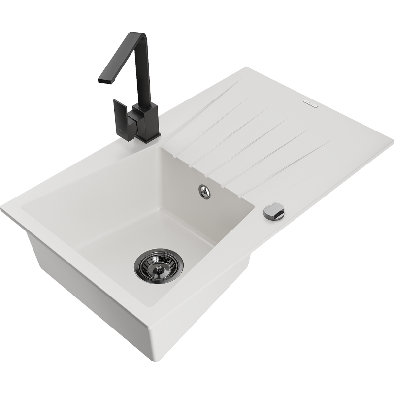 Mexen Cesar granite sink, 1-bowl with drainer and Rita kitchen tap, white - 6514-20-670300-70
