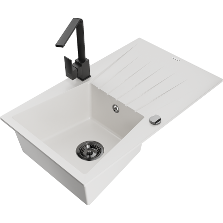 Mexen Cesar granite sink, 1-bowl with drainer and Rita kitchen tap, white - 6514-20-670300-70