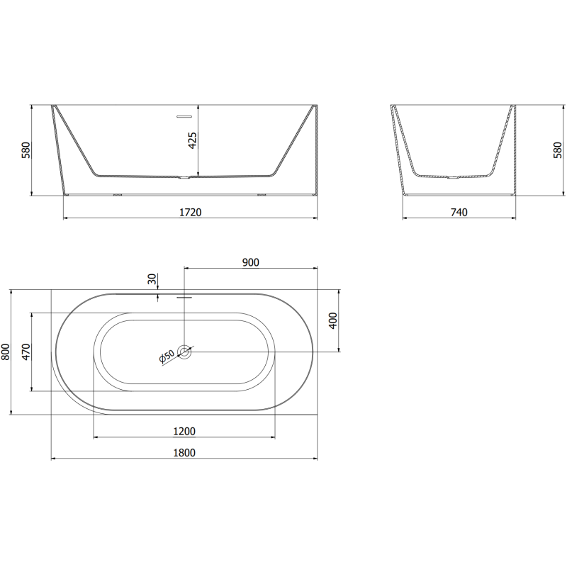 Mexen Mia freistehende Eckbadewanne rechts 180 x 80 cm, weiß, Überlauf gun gray gebürstet - 52691808000P-66