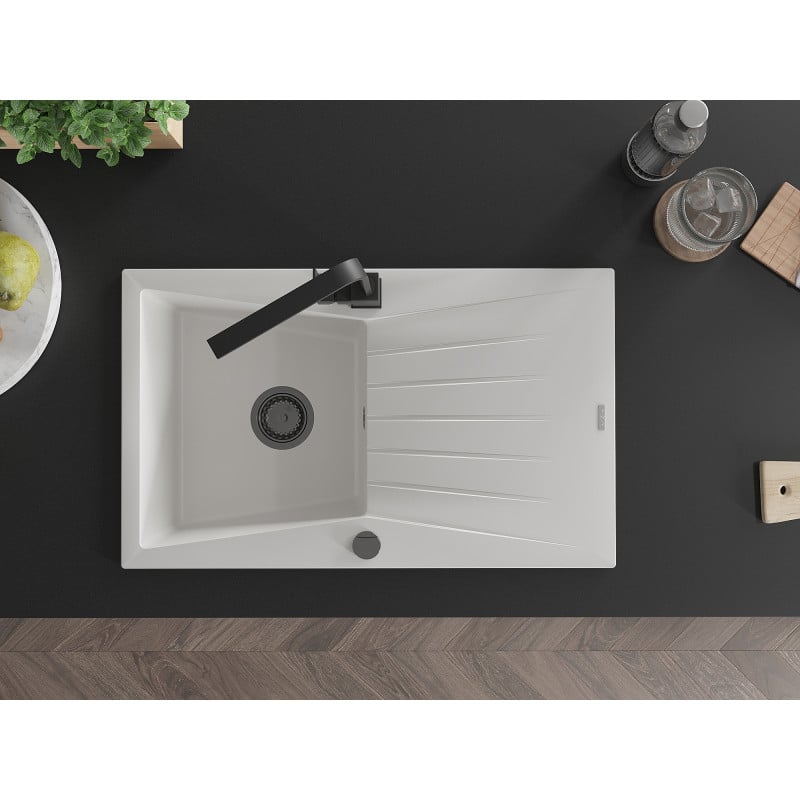 Mexen Cesar granite sink, 1-bowl with drainer and Rita kitchen tap, white - 6514-20-670300-70