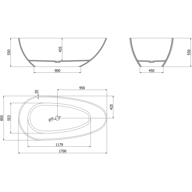 Mexen Glass διαφανής ελεύθερη μπανιέρα 170 x 85 cm, χρωμέ τάπα - 58061708507