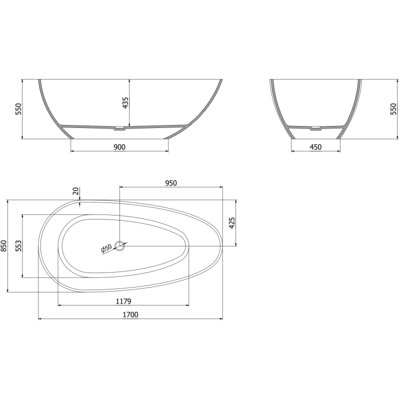 Mexen Glass zwart vrijstaande transparante badkuip 170 x 85 cm, chroom stop - 58061708513
