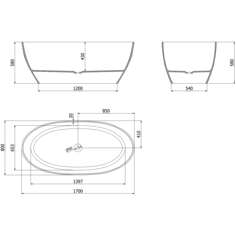 Mexen Orax vasca freestanding trasparente 170 x 80 cm, nera, tappo cromato - 58081708013
