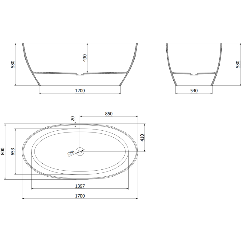 Mexen Orax zwarte vrijstaande transparante badkuip 170 x 80 cm, chroom stop - 58081708013