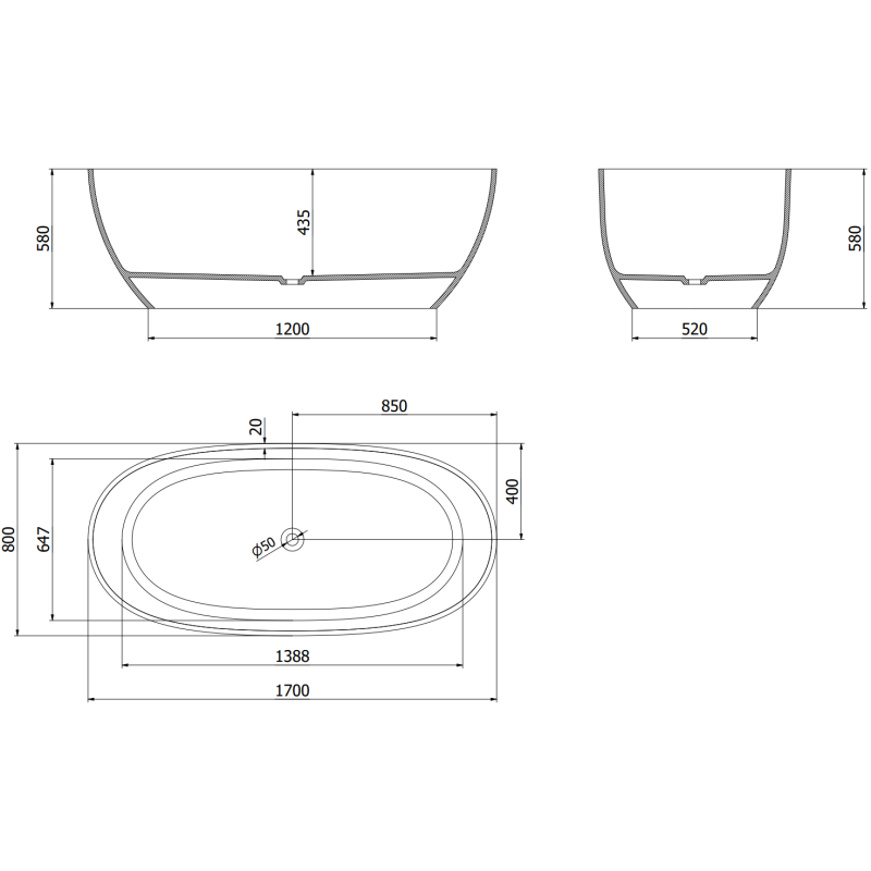 Mexen Pure Eozyna freistehende transparente Badewanne 170 x 80 cm, Stöpsel Chrom - 58071708003