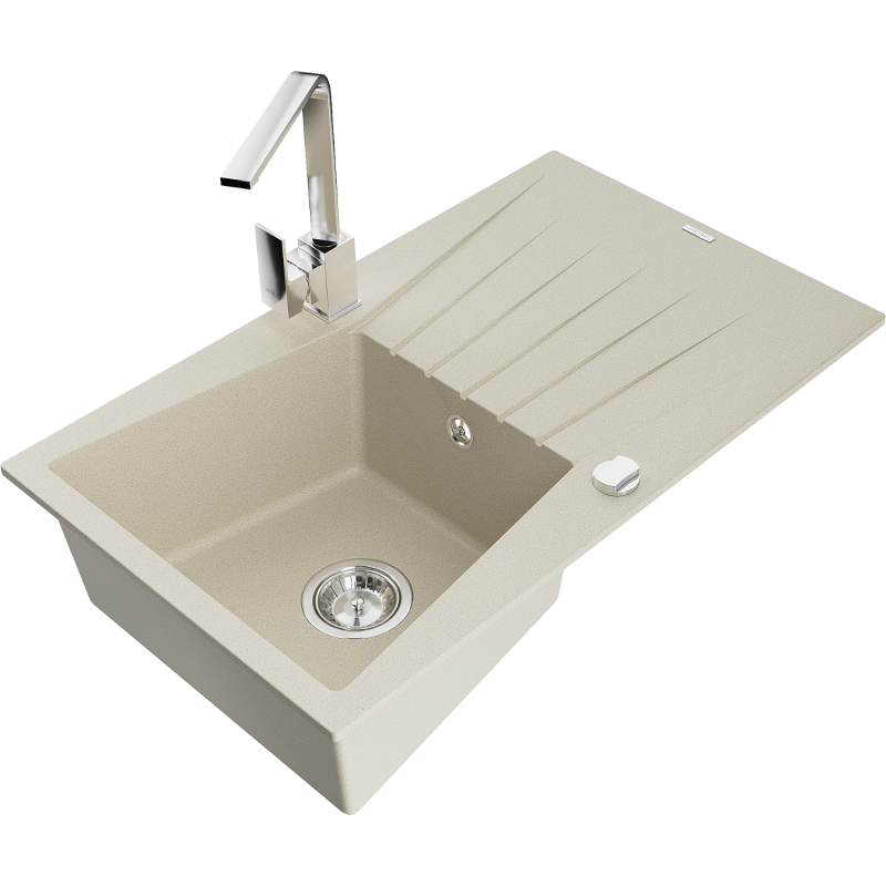 Mexen Cesar fregadero de cocina de granito de 1 cubeta con escurridor y grifo de cocina Rita, beige - 6514-69-670300-00