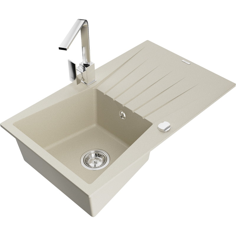 Mexen Cesar fregadero de granito de 1 compartimento con escurridor y grifo de cocina Rita, beige - 6514-69-670300-00