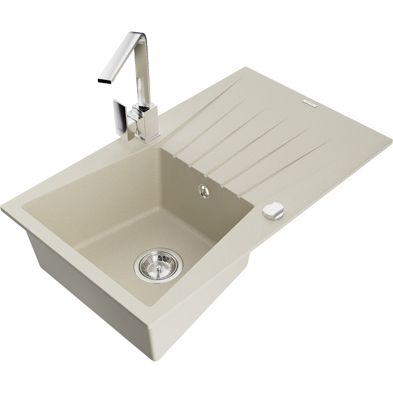 Mexen Cesar granite sink 1-bowl with drainer and Rita kitchen tap, beige - 6514-69-670300-00
