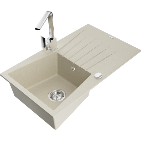 Mexen Cesar granite sink 1-bowl with drainer and Rita kitchen tap, beige - 6514-69-670300-00