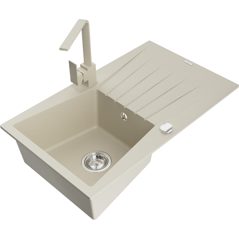Mexen Cesar granite kitchen sink 1-bowl with drainer and Rita kitchen tap, beige - 6514-69-670300-69