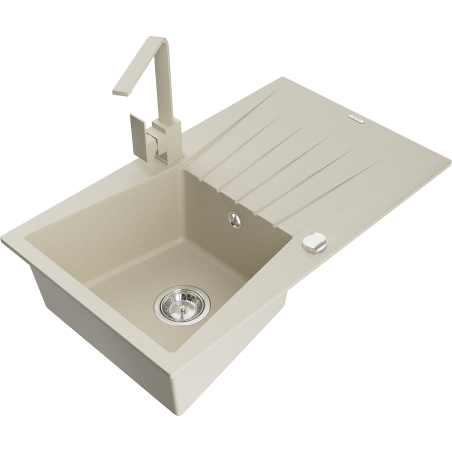 Mexen Cesar granite kitchen sink 1-bowl with drainer and Rita kitchen tap, beige - 6514-69-670300-69