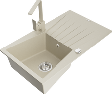 Mexen Cesar granite 1-bowl kitchen sink with drainer and kitchen faucet Rita, beige - 6514-69-670300-69