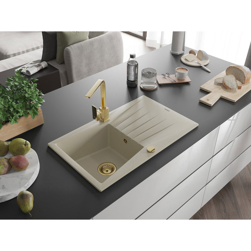Mexen Cesar 1-bowl granite sink with drainer and kitchen tap Rita, beige - 6514-69-670300-50