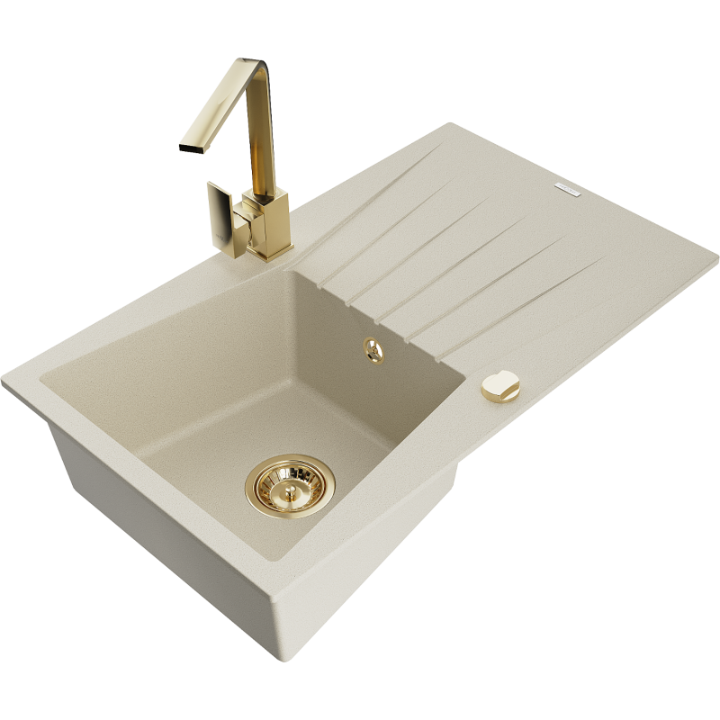 Mexen Cesar 1-bowl granite sink with drainer and kitchen tap Rita, beige - 6514-69-670300-50