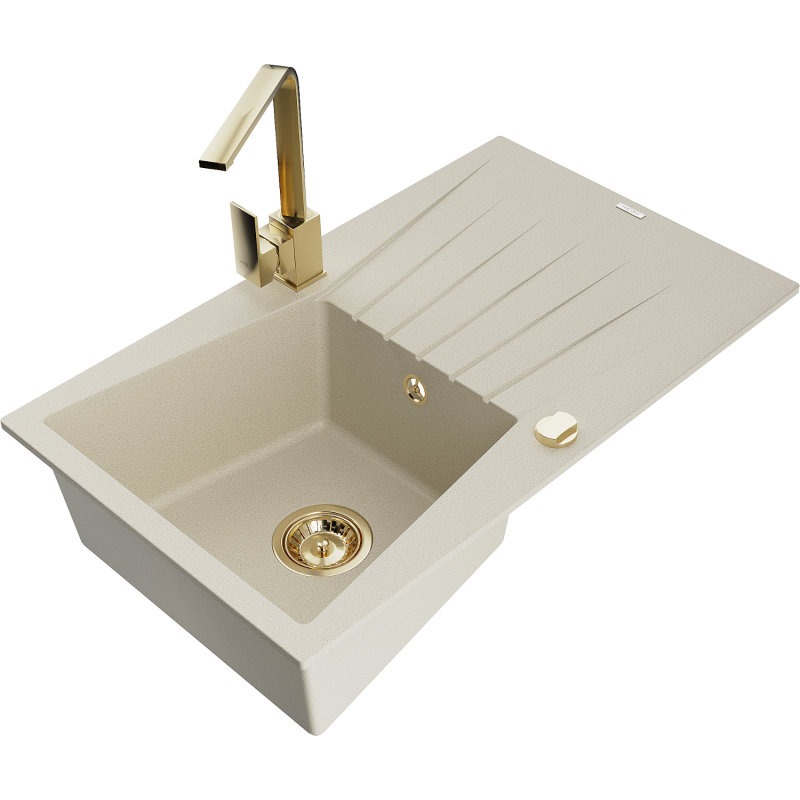 Mexen Cesar fregadero de granito de 1 seno con escurridor y grifo de cocina Rita, beige - 6514-69-670300-50