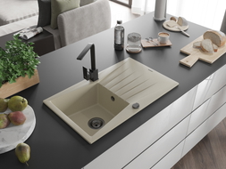 Mexen Cesar granite kitchen sink 1-bowl with drainer and Rita kitchen faucet, beige - 6514-69-670300-70