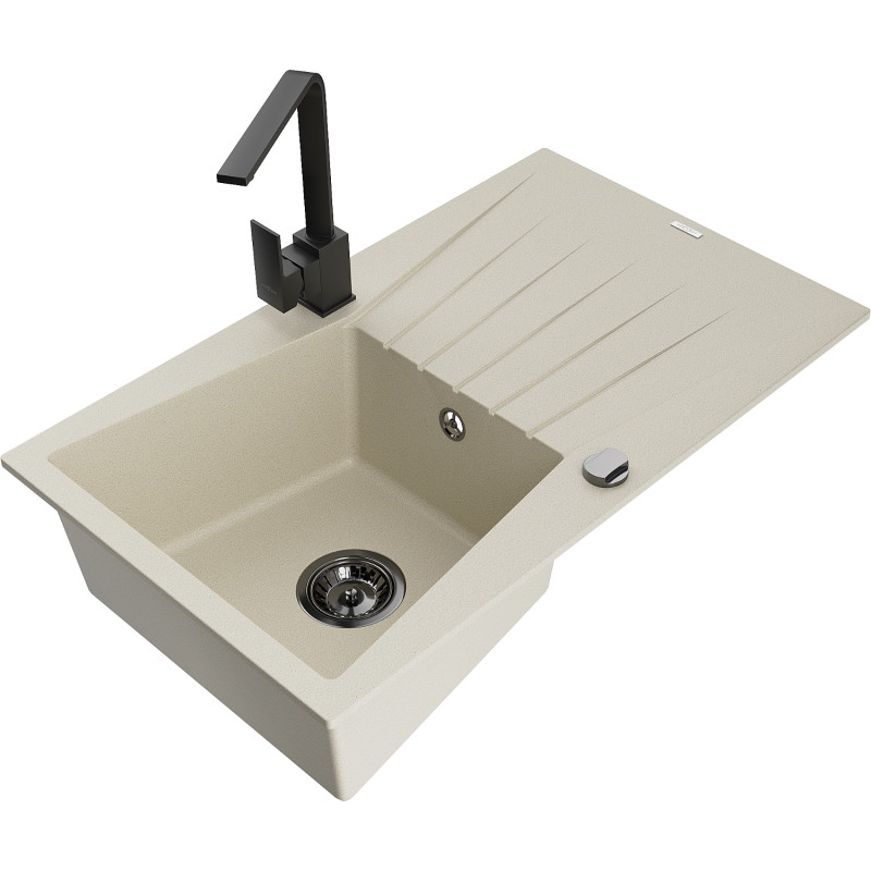 Mexen Cesar lavello in granito a 1 vasca con scolapiatti e rubinetto da cucina Rita, beige - 6514-69-670300-70