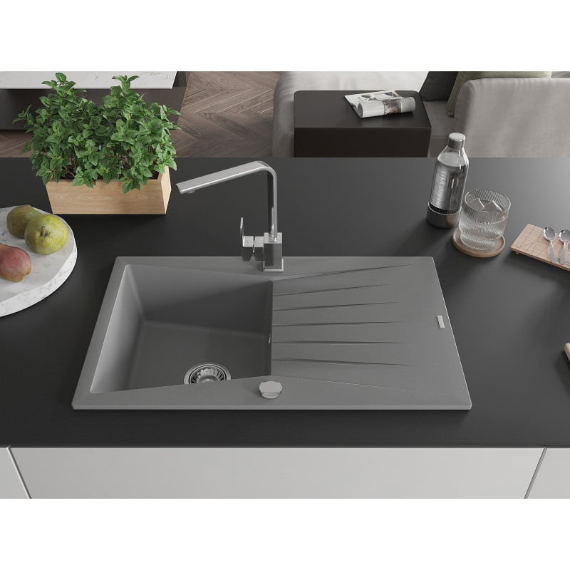 Mexen Cesar single-bowl granite sink with drainer and Rita kitchen tap, grey - 6514-71-670300-00
