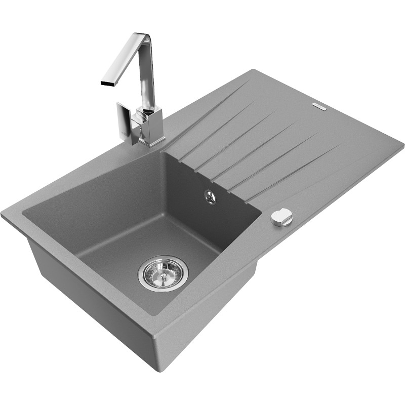 Mexen Cesar fregadero de granito de 1 compartimento con escurridor y grifo de cocina Rita, gris - 6514-71-670300-00