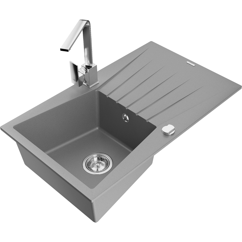 Mexen Cesar single-bowl granite sink with drainer and Rita kitchen tap, grey - 6514-71-670300-00
