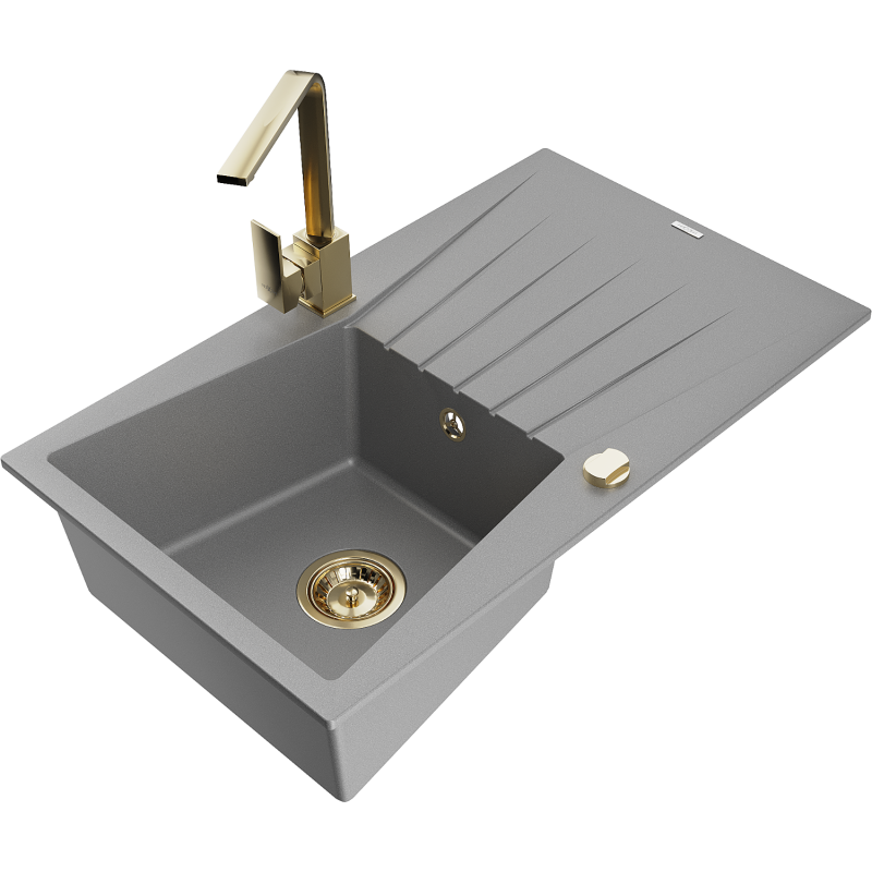 Mexen Cesar fregadero de granito 1 tazón con escurridor y grifo de cocina Rita, gris - 6514-71-670300-50