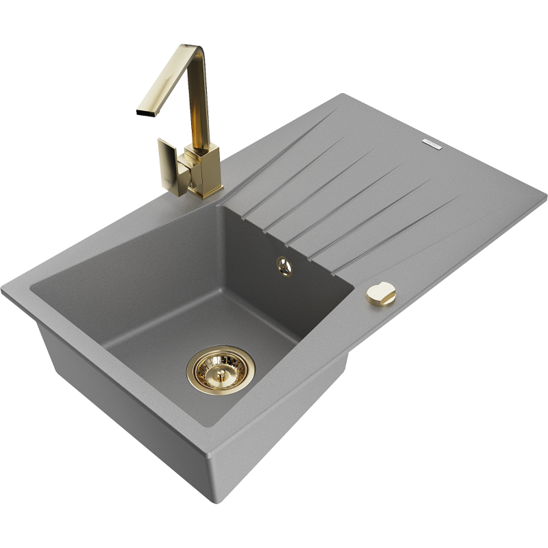 Mexen Cesar graniittinen 1-osainen tiskiallas kuivaustasolla ja keittiöhanalla Rita, harmaa - 6514-71-670300-50