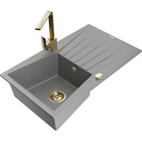 Mexen Cesar granitā izlietne ar vienu nodalījumu, ar noteces zonu un virtuves krānu Rita, pelēka - 6514-71-670300-50