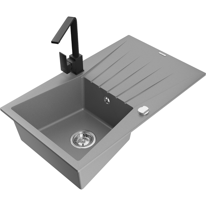 Mexen Cesar Granitspüle ein Kammer mit Abtropffläche und Küchenarmatur Rita, grau - 6514-71-670300-70