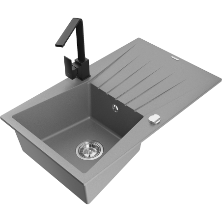 Mexen Cesar Granitspüle ein Kammer mit Abtropffläche und Küchenarmatur Rita, grau - 6514-71-670300-70