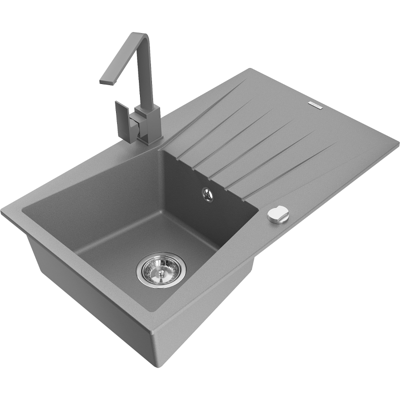 Mexen Cesar single-bowl granite sink with drainer and Rita kitchen tap, grey - 6514-71-670300-71